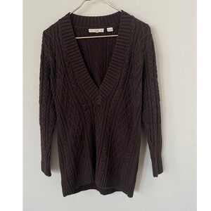Pria Brown Cable Knit V-Neck Sweater Womens Small 100% Cotton‎ Preppy Academy